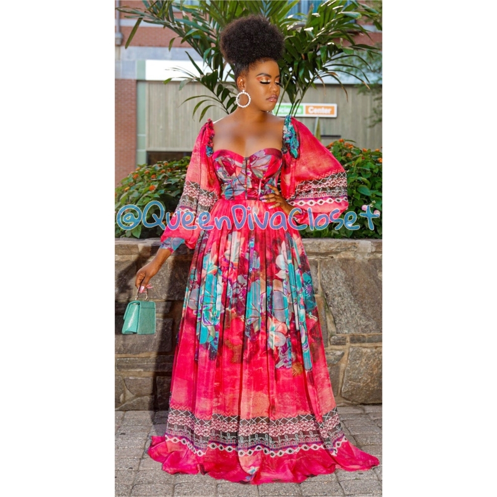 Floral queen goddess pink blue fuchsia bustier corset long sleeve maxi dress M 6 - Picture 3 of 8